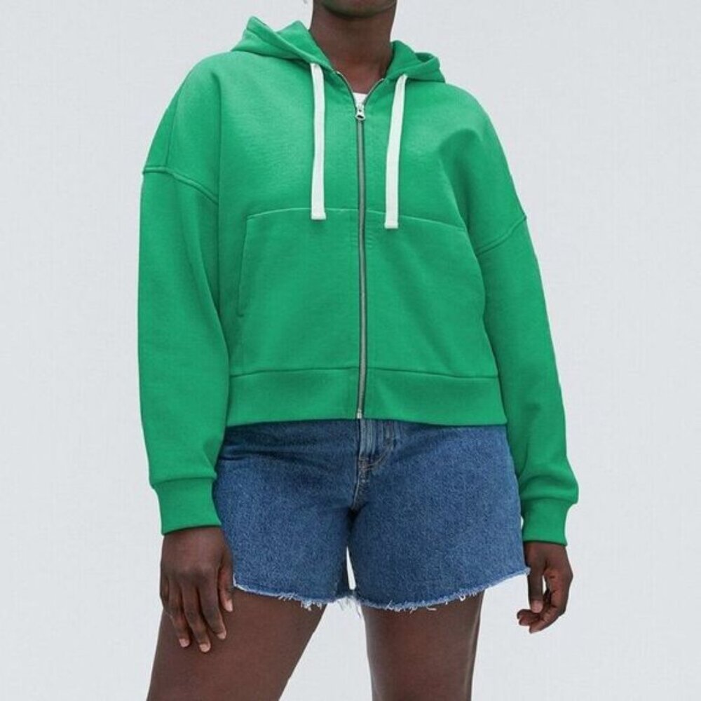 Everlane The Track Organic Cotton Fleece Zip Front Hoodie Bright Jade Green S